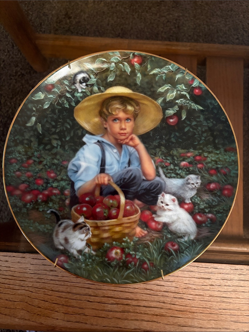 Ecco Boy in Straw Hat with Red Apples and Cream Kittens